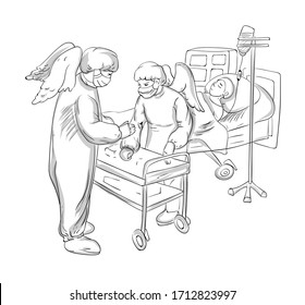 Two doctors with angel wings talking about how to cure the patient. Corona Virus. Line arts. Vector