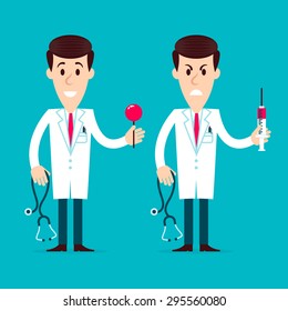 Two doctors angry and friendly cartoon holding in their hands stethoscope and syringe on a blue background. Fully editable vector illustration. Perfect for informational cards, posters, flayers. 