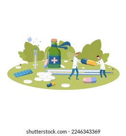 Two doctors carry a pill against the background of a variety of medicines and medical supplies. Flat vector illustration