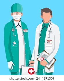 Two doctors in coat with stethoscope and case. Medical suit with different pills and medical devices in pockets. Healthcare staff, hospital and medical diagnostics. Vector illustration in flat style