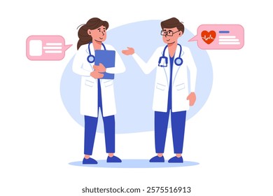 Two doctors discussing a medical case or treatment plans together, with a heart symbol.