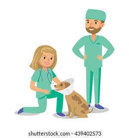 Two doctors with dog. Vet clinic. Cartoon veterinarians healing dog. Vector illustration