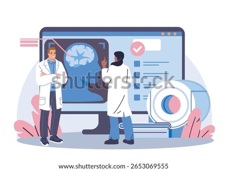 Two doctors examine brain scan results on a large monitor, with medical charts and MRI device in background, on white backdrop. Concept of neurology and diagnostics. Vector illustration