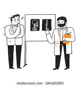 Two doctors are examining and diagnosing the patient from the x-ray, Vector Illustration doodle style
