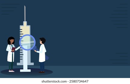 Two doctors are examining a giant syringe using a magnifying glass, representing medical research and analysis in healthcare