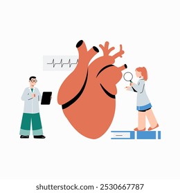 Dois médicos examinando o coração em ilustração vetorial plana simbolizando pesquisa médica, cardiologia e saúde, isolados sobre fundo branco.