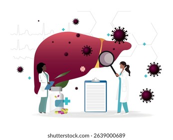Two doctors are examining a large liver affected by viruses, using a magnifying glass, medication, and a medical report, representing the diagnosis and treatment of viral hepatitis