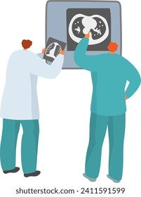 Two doctors examining an X-ray of lungs, medical professionals in scrubs. Healthcare workers analyzing patient's chest X-ray vector illustration.