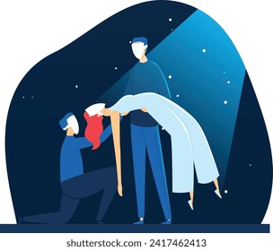 Two doctors in face masks carry a patient on a stretcher at night under stars. Medical team emergency rescue operation. Healthcare and medical assistance vector illustration.