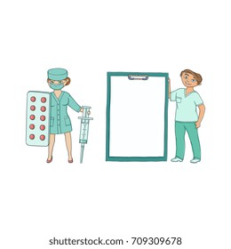 Two doctors - with giant syringe and blister of pills and medical card, flat cartoon vector illustration isolated on white background. Cartoon woman doctors with giant syringe, pills and medical chart
