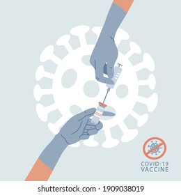Two doctor's hands in a blue surgical gloves holdong syringe with a dose of vaccine against coronavirus. Vaccine coronavirus concept. Injection from viruses COVID-19. flat vector illstration