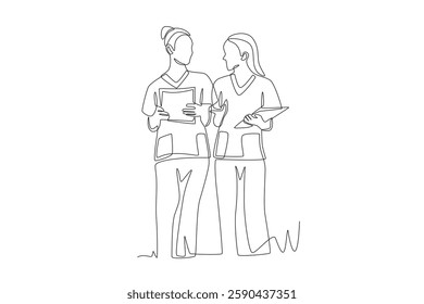 Two doctors are having a discussion while walking to the clinic. Walking into the clinic concept one-line drawing