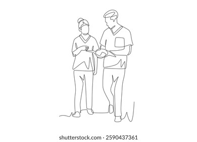 Two doctors are having a discussion while walking to the clinic. Walking into the clinic concept one-line drawing