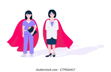 Two doctors with hero cape behind hospital medical employee fight against diseases and viruses on frontline flat style design vector illustration. Doctor physician medical clinic staff new hero.
