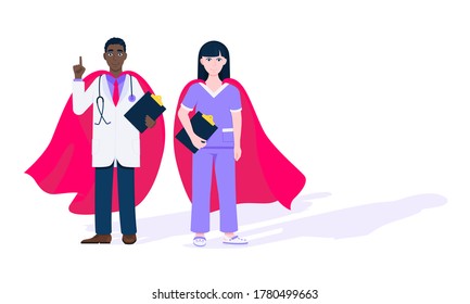 Dos doctores con capa de héroe detrás del empleado médico del hospital luchan contra enfermedades y virus en el diseño de primera línea plana de ilustración vectorial. Médico médico personal de clínica nuevo héroe.