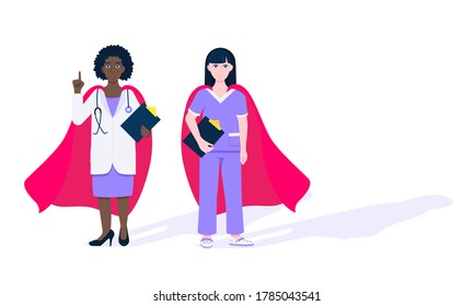 Two doctors with hero cape behind hospital medical employee fight against diseases and viruses on frontline flat style design vector illustration. Doctor physician medical clinic staff new hero.