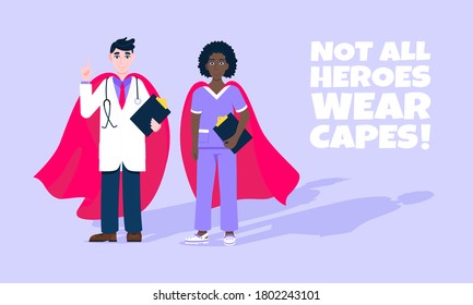 Two doctors with hero cape behind hospital medical employee fight against diseases and viruses on frontline flat style design vector illustration. Doctor physician medical clinic staff new hero.