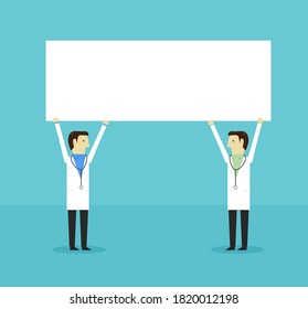 Two doctors holding a blank signage. Vector design