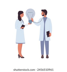 Two doctors holding light bulb, man and woman find creative medical idea vector illustration