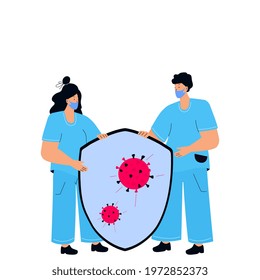 Two doctors are holding a shield. Protection from coronavirus COVID-19. Vaccination campaign. Time to vaccinate