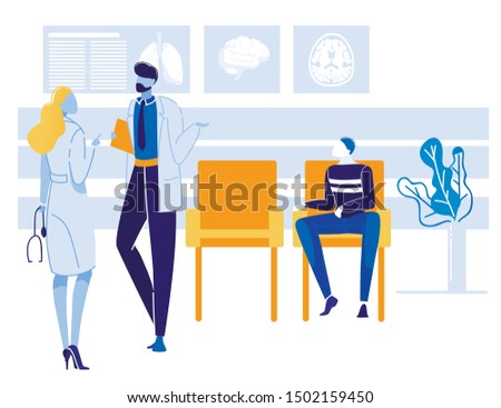 Two Doctors Hospital Characters Discussing, Exchange Information, Talking about Patient. Man Sitting on Chair Wait for Diagnose and Specialist Conversation Results. Vector Flat Illustration Cartoon
