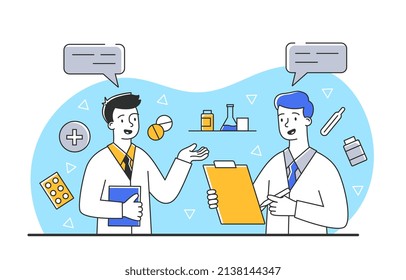 Two doctors indoor. Men carry out inventory, characters estimate amount of medicines. Pharmacist dispenses groceries to guy. Medical poster or banner for website. Cartoon flat vector illustration