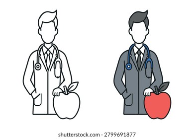Two doctors in lab coats with stethoscopes holding apples
