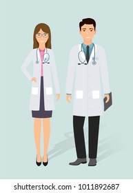 Two doctors male and female in uniform standing together. Man and woman doctors characters. Medical clinic staff. Medicine employee concept. Vector illustration.
