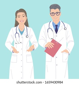 Two doctors man and woman simple characters. Friendly medical workers in white coats isolated on turquoise background. Doctor meeting patient. Healthcare service vector flat illustration.