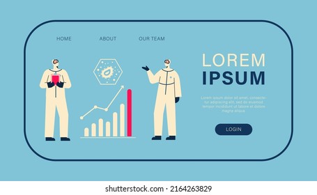 Two doctors in medical protective suits analysing mokeypox virus spread. Monkeypox outbreak. Web banner or landing page concept