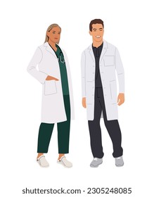 Two doctors, nurses, paramedics standing together. Young Male and female medic workers in uniform and lab coat with stethoscopes. Flat cartoon vector illustration isolated on white background