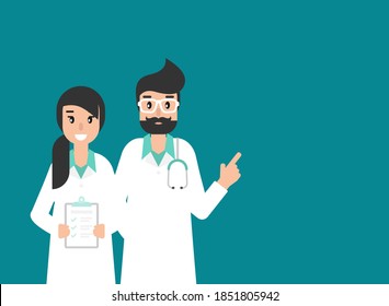 Two doctors on blue background. Medical internet consultation.  Healthcare consulting web service.  Hospital support online. Computer doctor. Ask a doctor. Vector flat illustration on blue