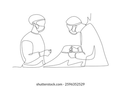 Two doctors operating on a patient. Surgery concept one-line drawing
