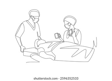 Two doctors operating on a patient using a defibrillator. Surgery concept one-line drawing