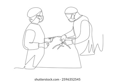 Two doctors operating on a patient. Surgery concept one-line drawing