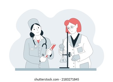 Two doctors performing an experiment. Flat vector medicine design. Clinic, consultation. 