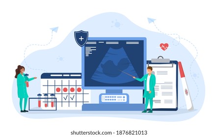 Two doctors pregnancy planning. Male and female characters in green medical robes looking at ultrasound and predict pregnancy. Flat cartoon vector illustration