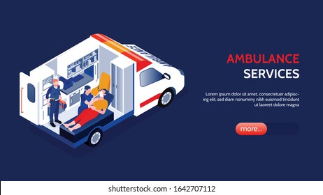 Two doctors rendering first aid to person in ambulance car 3d isometric horizontal banner vector illustration