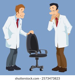 Two doctors are solving difficult problem. Funny people. Illustration concept template for website, web landing page, banner, presentation, social, poster, promotion or print media.