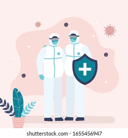 Zwei Ärzte in speziellen Schutzuniformen. Mediziner, die einen Schutzschild halten. Teamwork-Konzept. Schutz und Kontrolle von Viren und Bakterien. Menschen sind Figuren im trendigen Stil. Flache Vektorillustration