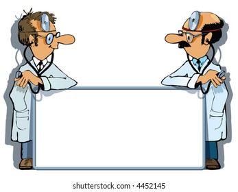 Two doctors are standing with an advertising box