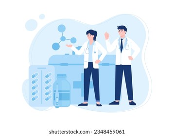 Dos doctores parados en el laboratorio con el concepto de fórmula de medicina como tendencia en la ilustración plana