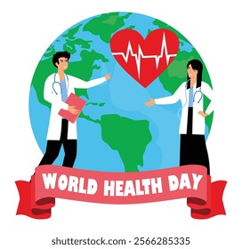 Two doctors with a stethoscope embracing global health conceptualized via Earth and a heart. Flat vector modern illustration 