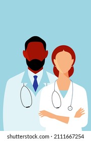 Two Doctors With Stethoscopes. Black Man And White Woman In Medical Coat Standing Together On Solid Background. Front View, Portraits, Medical Team. Minimalistic Illustration, Poster, Cover.