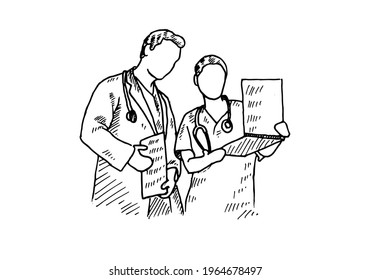 Two doctors stood up, discussing and staring with focus at the worksheet in his hand. vector draw graphic design illustration sketch 
