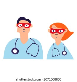 Two doctors. Superheroes masks. Vector illustration on white background. 