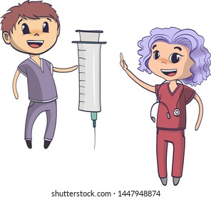 Two doctors with a Syringe and a stethoscope. Therapist and nurse drawn in cartoon style