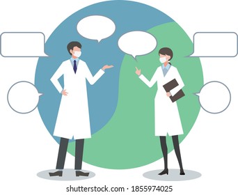 Dos médicos hablando, hombres y mujeres
