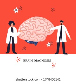 Two doctors treat brain. Medical illustration. Brain health check banner template