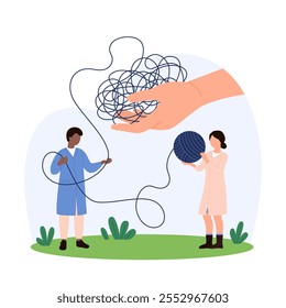 Two doctors untangle a complex yarn ball held by a giant hand, representing problem-solving in mental health. Background includes simple landscape elements and abstract shapes vector illustration